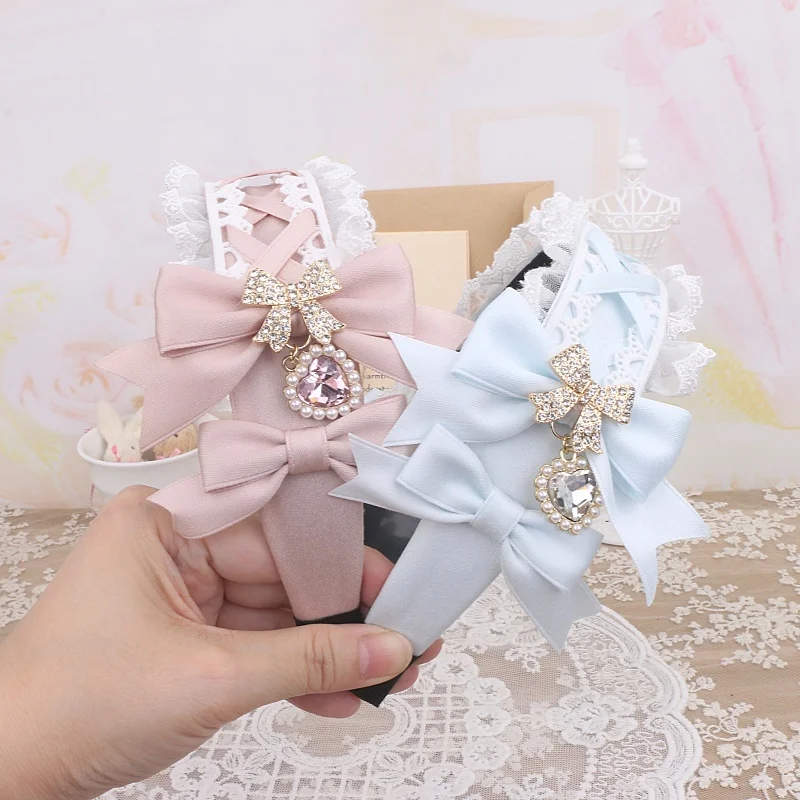 Japanese Sweet Mine Series Mass Production Handmade Heavy Industry Bow Rhinestone Love Pendant Lace Edge Lolita Headband Women