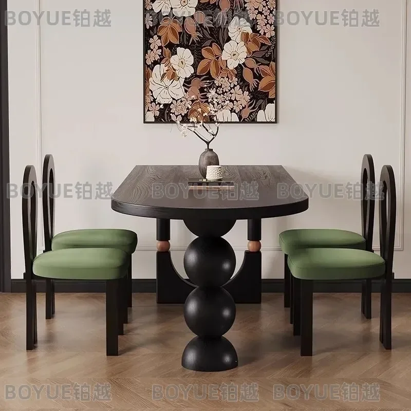 French Retro Solid Wood Oval Dining Table Black Medium Size Vintage Style Small Apartment Living Room Furniture Home Decor