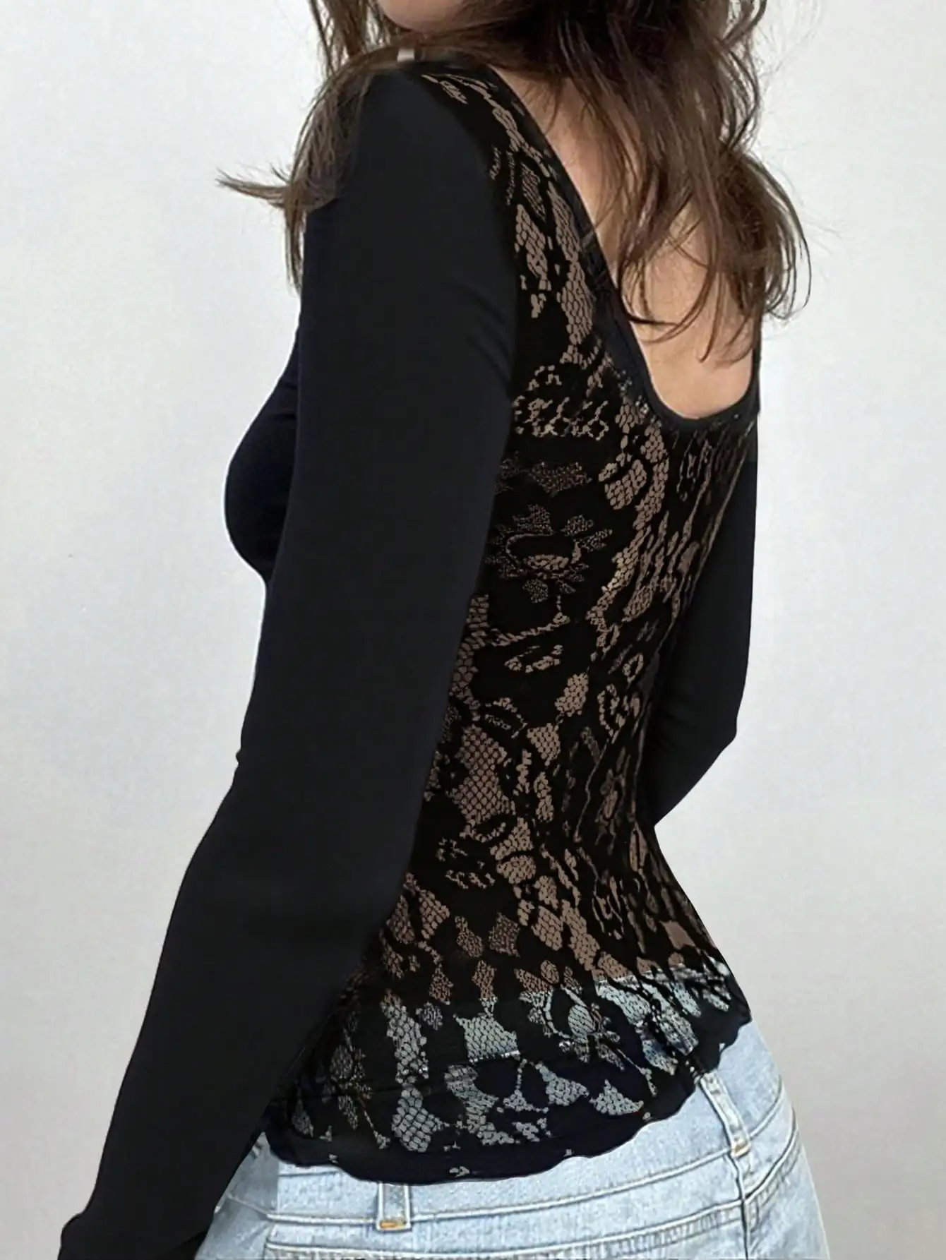 

Женская футболка с длинным рукавом и кружевной спинкой, сексуальный повседневный топ с V-образным вырезом для осени и лета