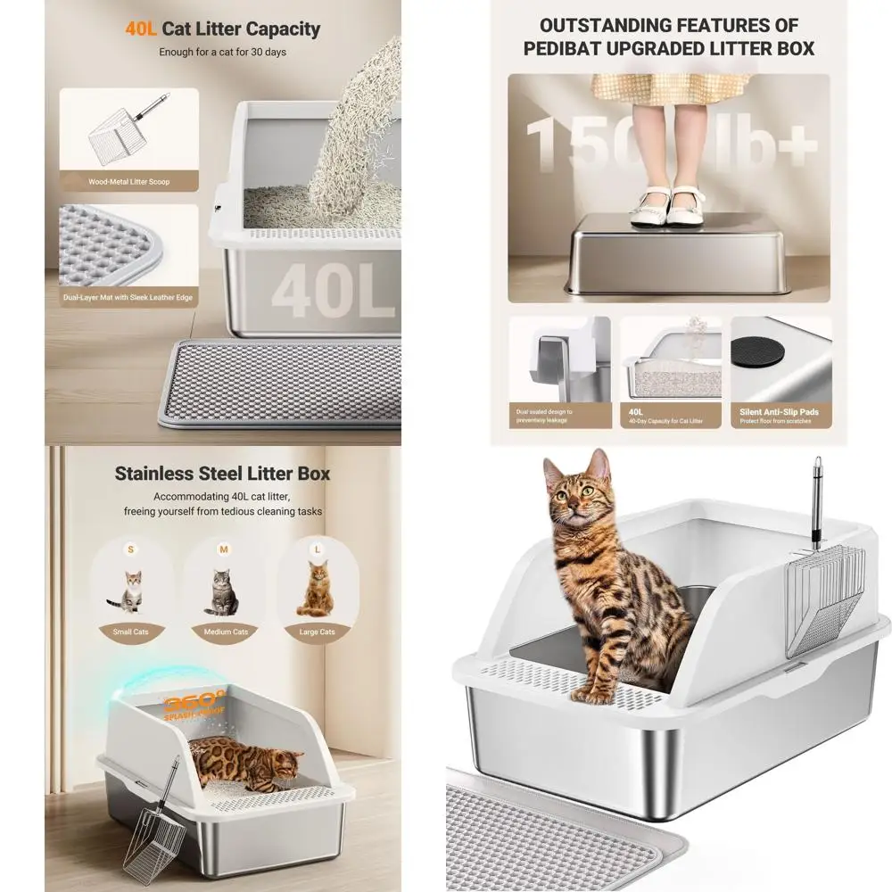 

Очень большой лоток для кошек из нержавеющей стали с высокими бортиками, закрытый, с крышкой, легко моется, в комплекте коврик и совок, защита от протекания