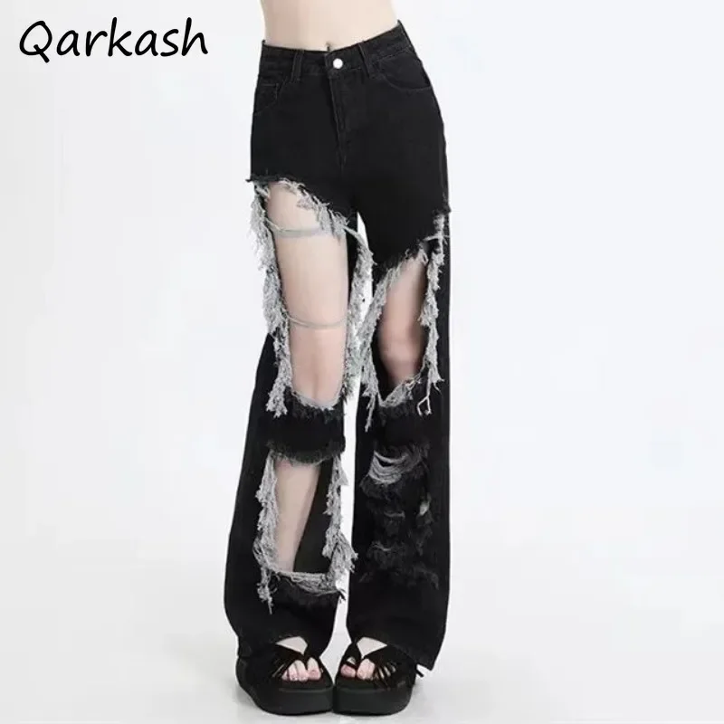 

Черные рваные джинсы женские прямые брюки на молнии пуговицы потертый дизайн американский High Street весна лето модные тонкие с высокой талией