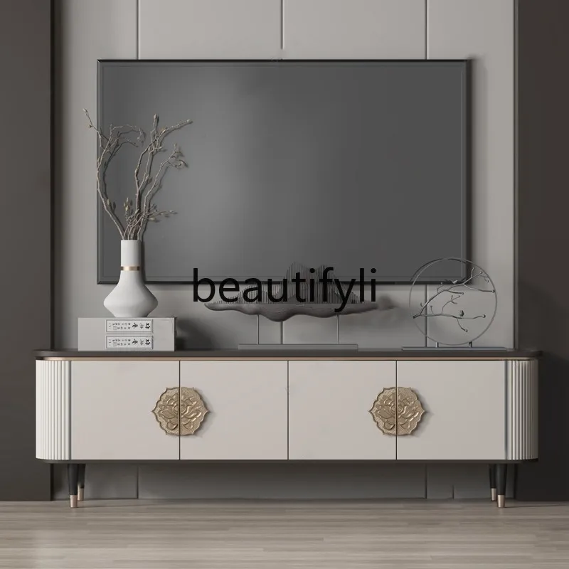 

New Chinese-style small apartment TV cabinet simple light luxury villa solid wood locker wall integrated cabinet