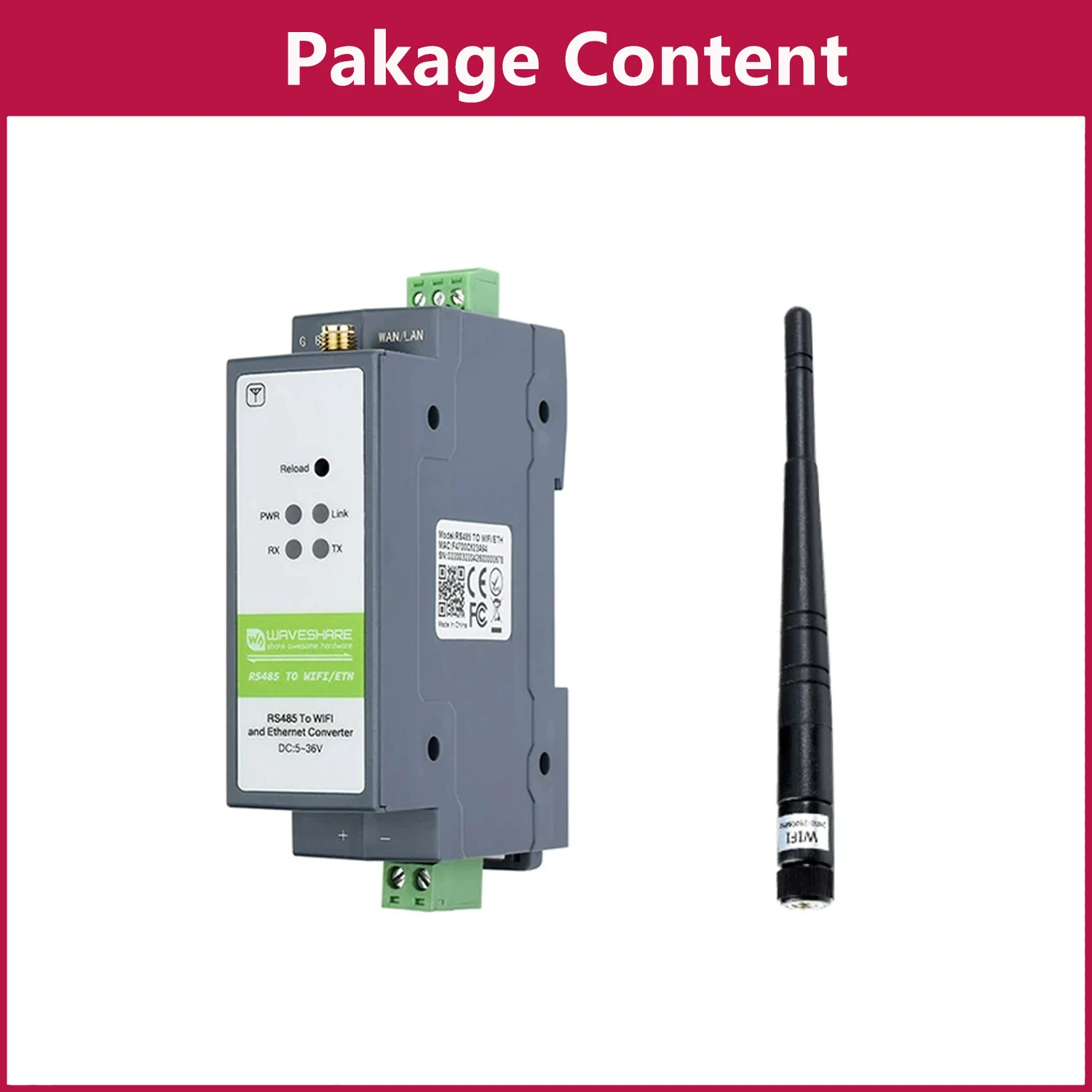 Waveshare Rail-Mount Serial Server RS485 to WIFI/Ethernet Module, Screw Terminal WPA-PSK, Modbus MQTT Gateway 5 ~ 36V DC