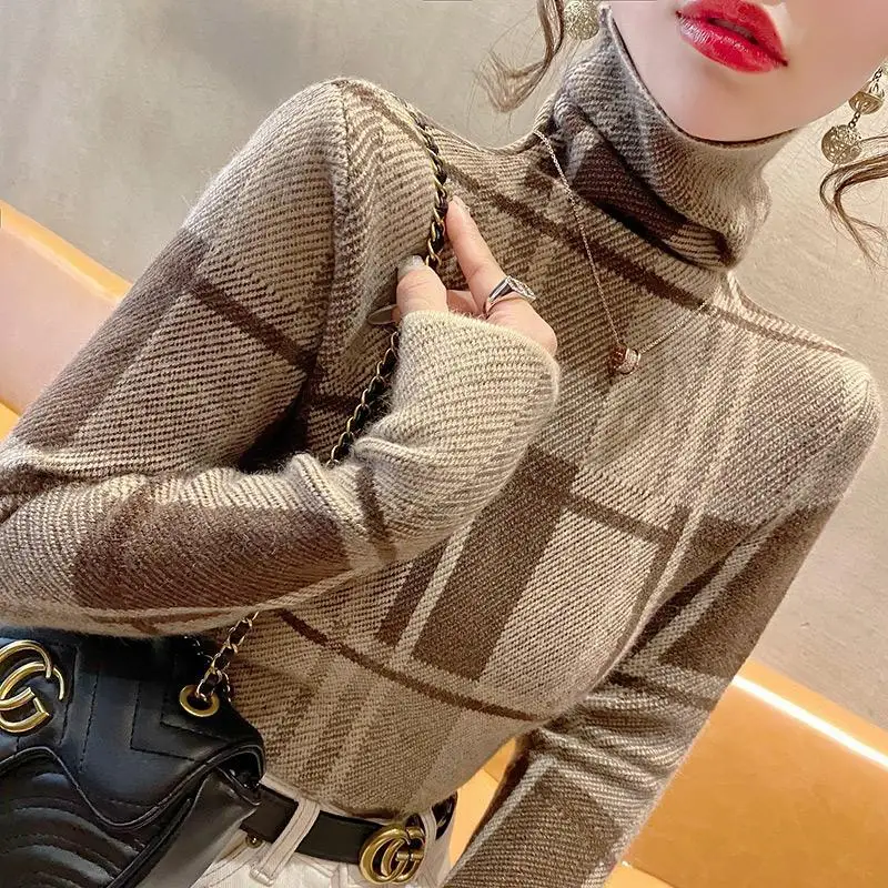 Women\'s Autumn and Winter Fashion Elegant High Neck Pullover Plaid Panel Casual Versatile Long Sleeve Slim Fit Sweater Knit Tops