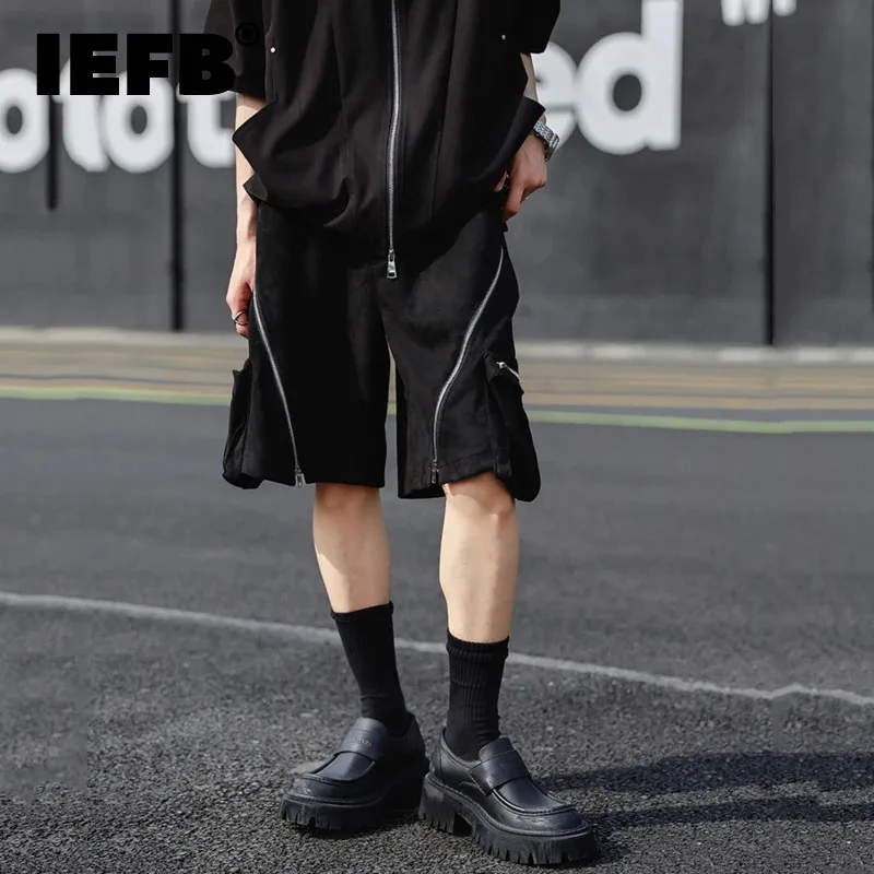 

IEFB Zipper Men's Suede Shorts Summer Trendy Multi Pocket Sports 2024 Menwear Black Straight Wide Leg Casual Short Pants 9C5660