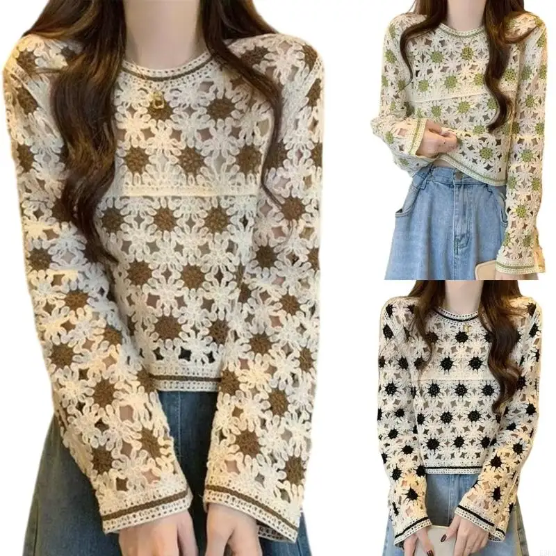 E56A Breathable Knit Long Sleeve Blouse Hollow out Tops Crochet Round Neck Knitwear Casual Beachwear for Everyday Wear