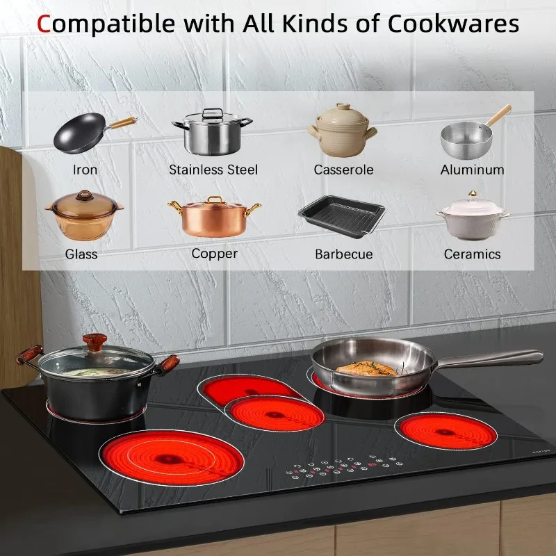 Noxton Cooktop listrik 30 inci 5 pembakar, atasan kompor listrik keramik tanam dengan Sensor kontrol sentuh