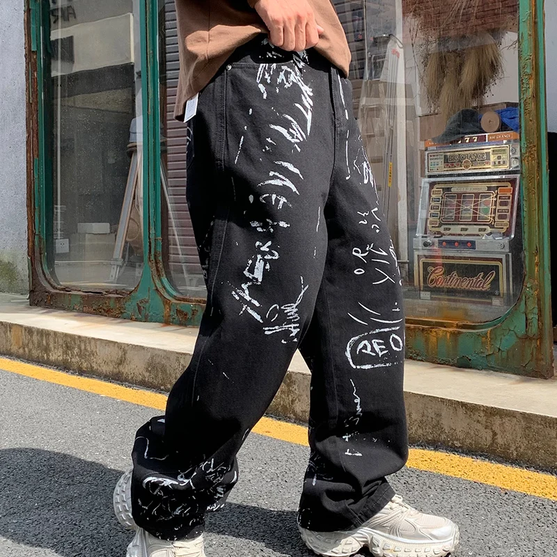 American Hip Hop Baggy Jeans Mens Clothing Streetwear Paint Graffiti Black Skateboard Street Dance Pants Kpop Denim Trousers