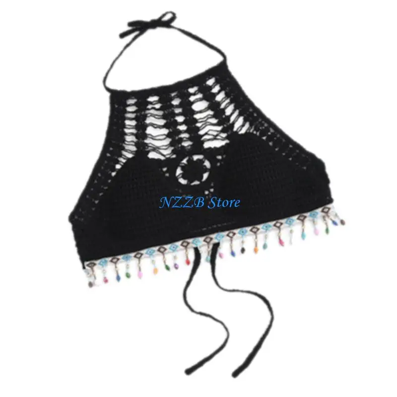 

T21F Halter Neck Backless Cami Top For Women Sleeveless Cropped Crochet Knit Bra With Removable Padded Beachwear