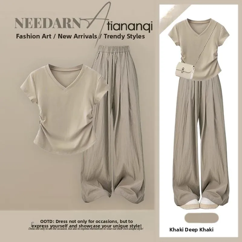 

Summer New Vintage Women's Set Slimming Waist T-Shirt with Casual Wide Leg Pants Two-Piece Set Comfortable plus Size Clothes