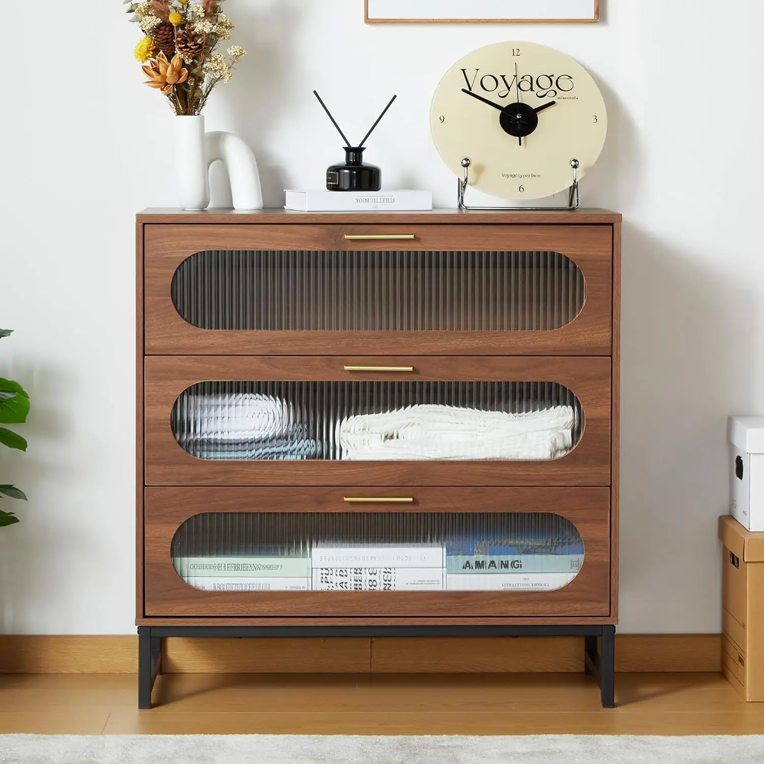 

Wooden Dresser with Tempered Glass Drawers & Metal Handle, Chest of Drawers Dresser, Storage Organizer for Bedroom, Living Room