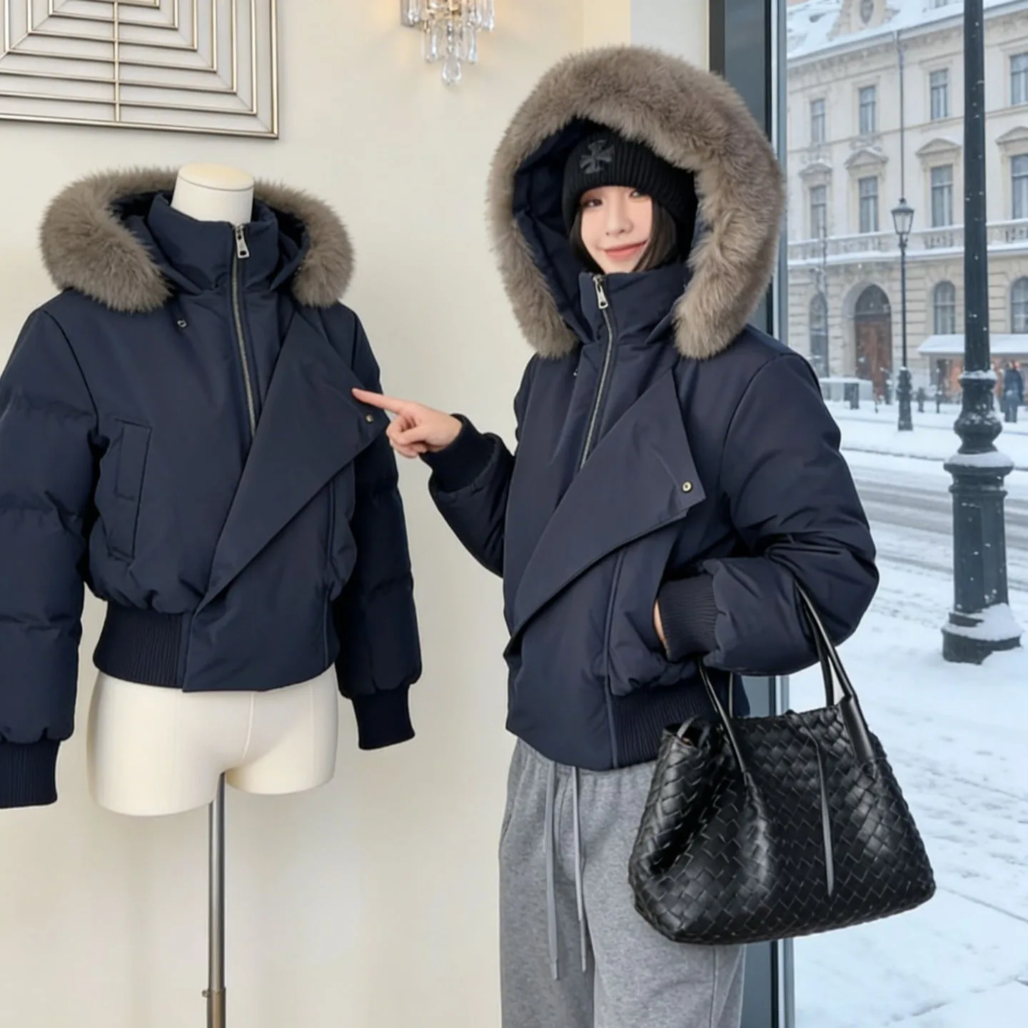 Winter Thickened Short Cotton Jacket Women's Padded Coat Fur Collar Hooded Slimming Outerwear Commute Style Small Size Friendly