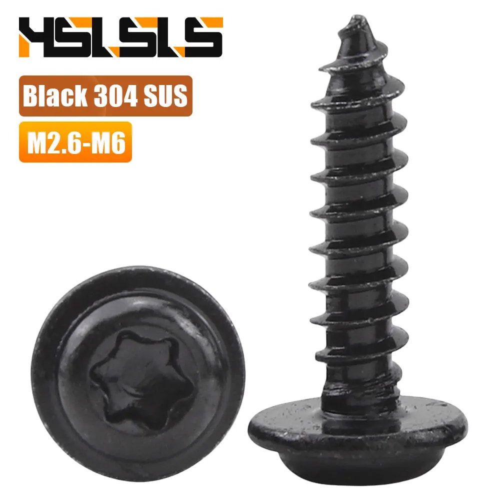 M2 M2.6 M3 M4 M5 Six-lobe Torx Pan Head Self-tapping Screw with Washer Black Stainless Steel Star Pad Collar Tapping Wood Screws
