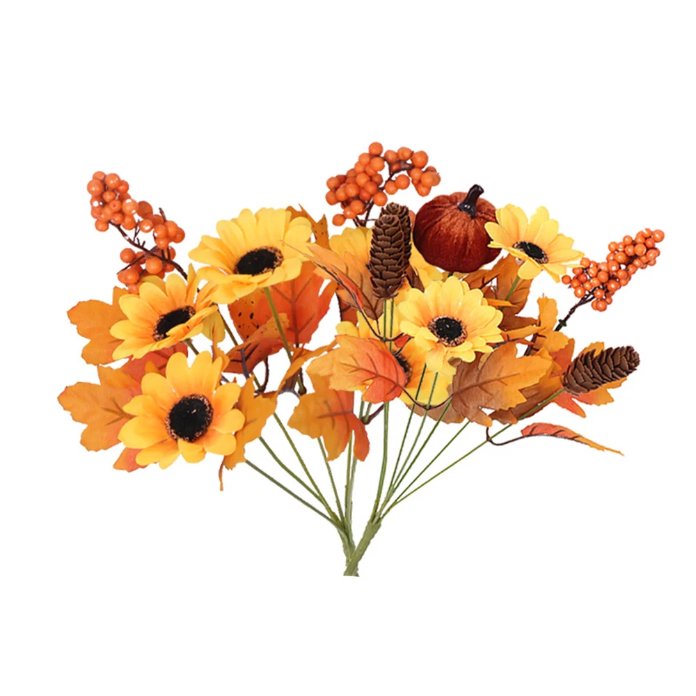 

Realistic Fake Silk Sunflower Fall Artificial Flower Bouquet Halloween Thanksgiving Festival Faux Floral Indoor Table Decor