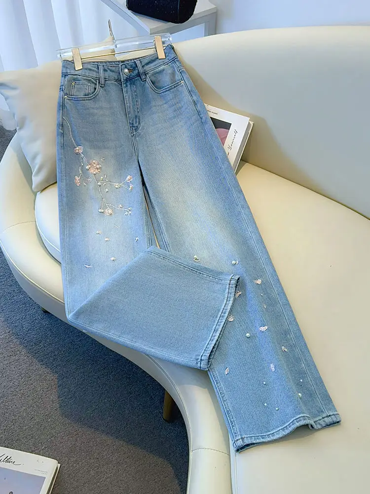 Fashion Flower Embroidered Straight Leg Jeans For Women Spring Autumn High Waist Pearls Beading Wide Leg Denim Pants