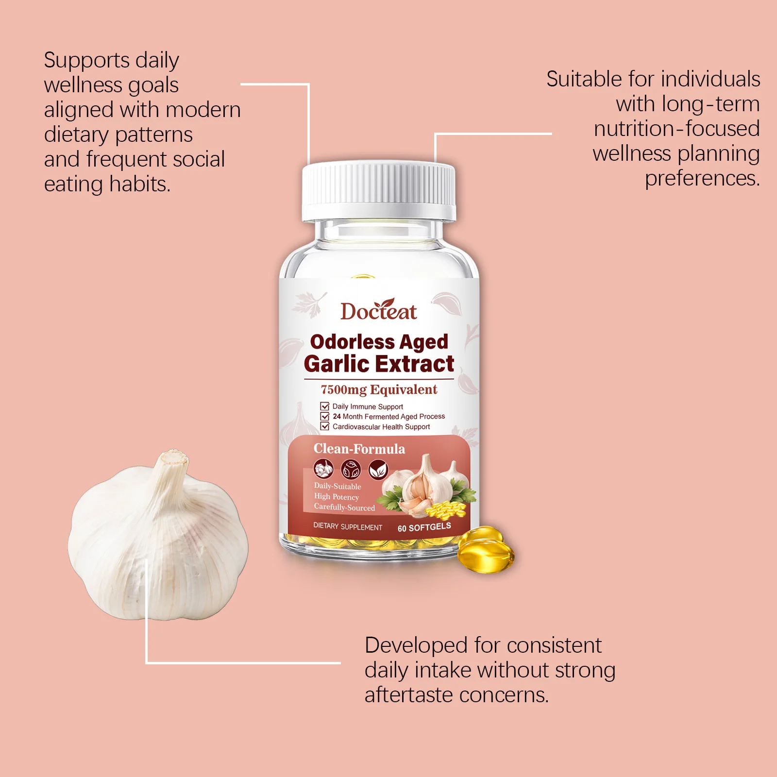 Garlic Extract Oil Soft Capsules Odor Free Garlic Supplement Antioxidant Detox Support Heart & Immune System For Men Women