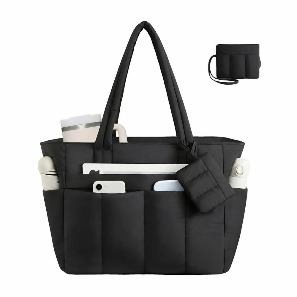 30L Capacity Quilted Tote Bag Multi Pocket Front Hidden Pocket Business Bag Laptop Compartment Luggage Sleeve Teacher Tote Bag