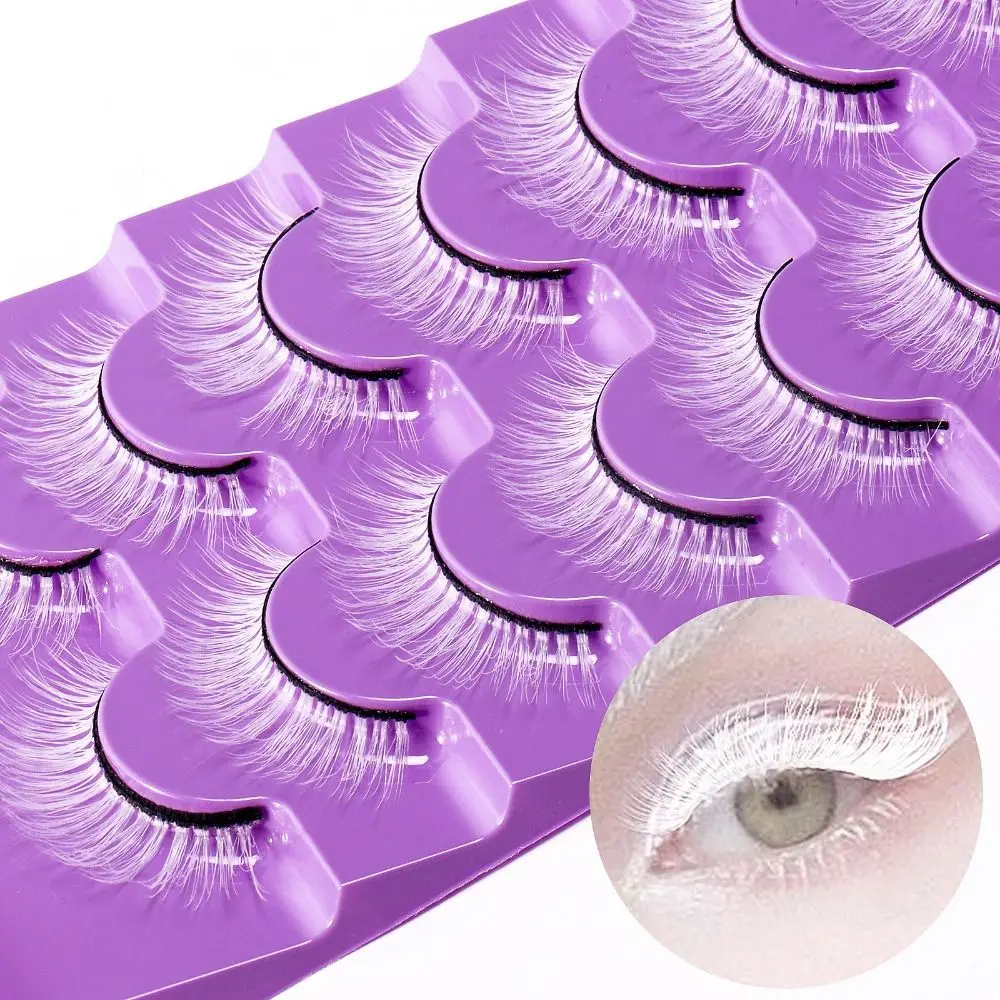 7 Pairs White False Eyelashes Exaggerated Lashes Extension 3D Curled Lashes Faux Fibre Reusable Thick Fluffy Lashes Stage Makeup