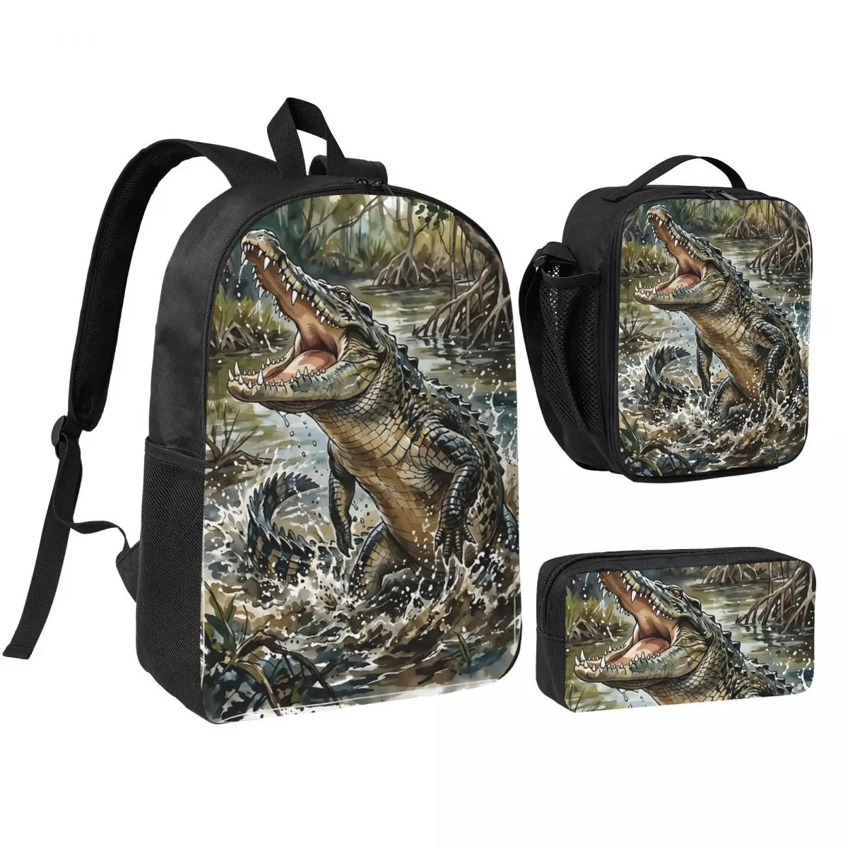 Alligator In The Pond Theme Realistic Backpack Boys Girls BookBag School Bag Shoulder Bags 3ps Insulated Lunch Bag Pencil Case
