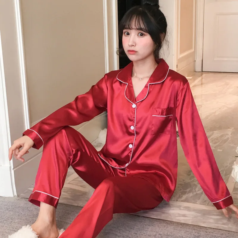 Pijamas de seda fina para mujer, ropa de casa con cuello holgado, pantalones largos de manga larga, conjunto de dos piezas, ropa de dormir femenina, primavera y otoño