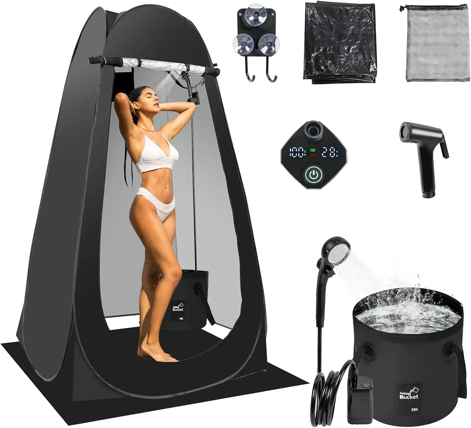 Pop Up Shower Tent for Camping, Portable Outdoor Privacy Shower Tent with 6000mAh Rechargeable Shower