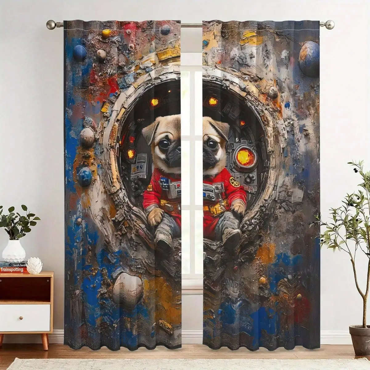 Whimsical Cosmic Pug Art Curtains - Vibrant Space-Themed Design With Cartoon Dog In Astronaut Suit,  Blackout Panels For Living