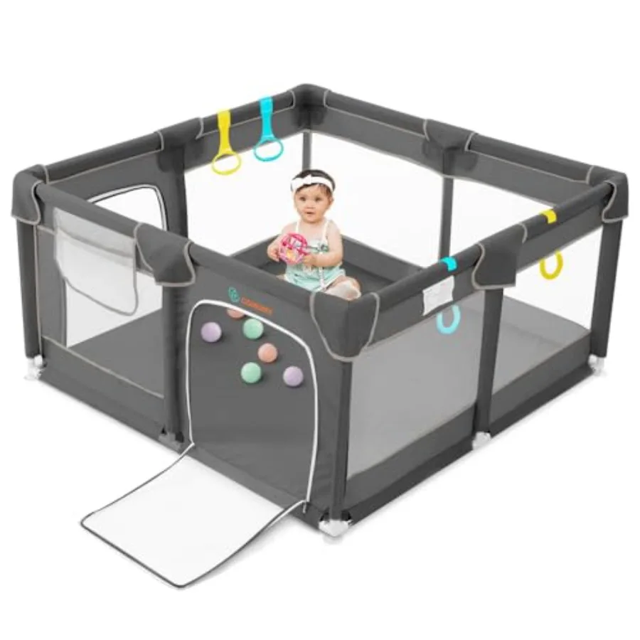 

Baby playpen for indoor outdoor use, polyester mesh material, dark grey color, safe non-slip base and full ventilation design