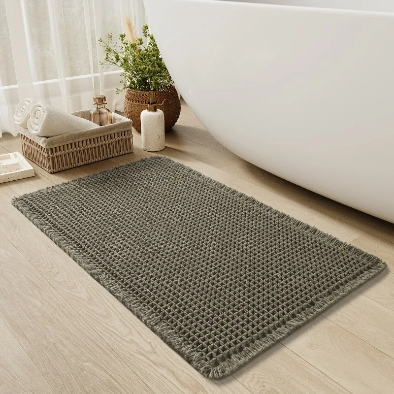 Non-Slip Waffle Bathroom Mat - Machine Washable Tasseled Polyester Rug for Home Floor Anti-Skid Water Absorbent 43*61cm
