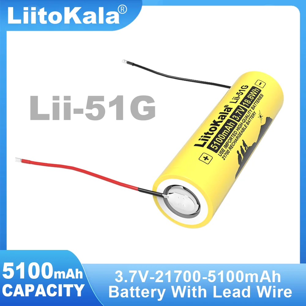 New LiitoKala 1-6PCS 21700 5100mAh high Capacity Li-ion 3.7v Rechargeable Battery 3.6V Power batteries + DIY Cable