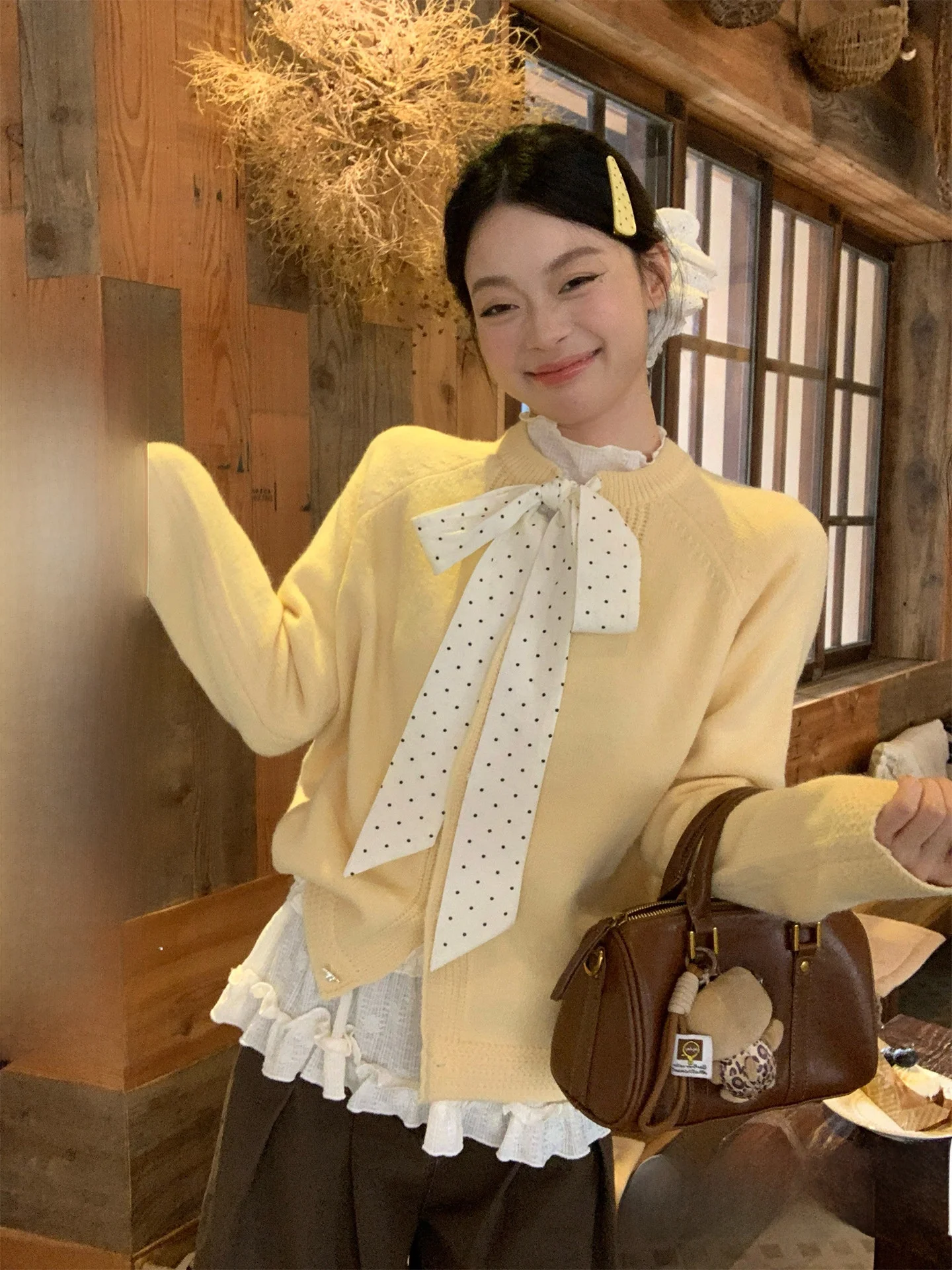 

Вязаный кардиган с геометрическим узором, женский зимний свитер в корейском стиле, свободный крой, с бантом и принтом в горошек, длинный рукав