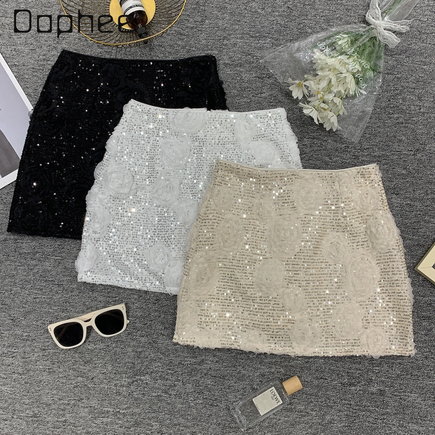 French Temperament Heavy Industry Flower Sequined Skirt Hot Girl Fashionable Sexy High Waist Mini Skirt Women A-line Skirts