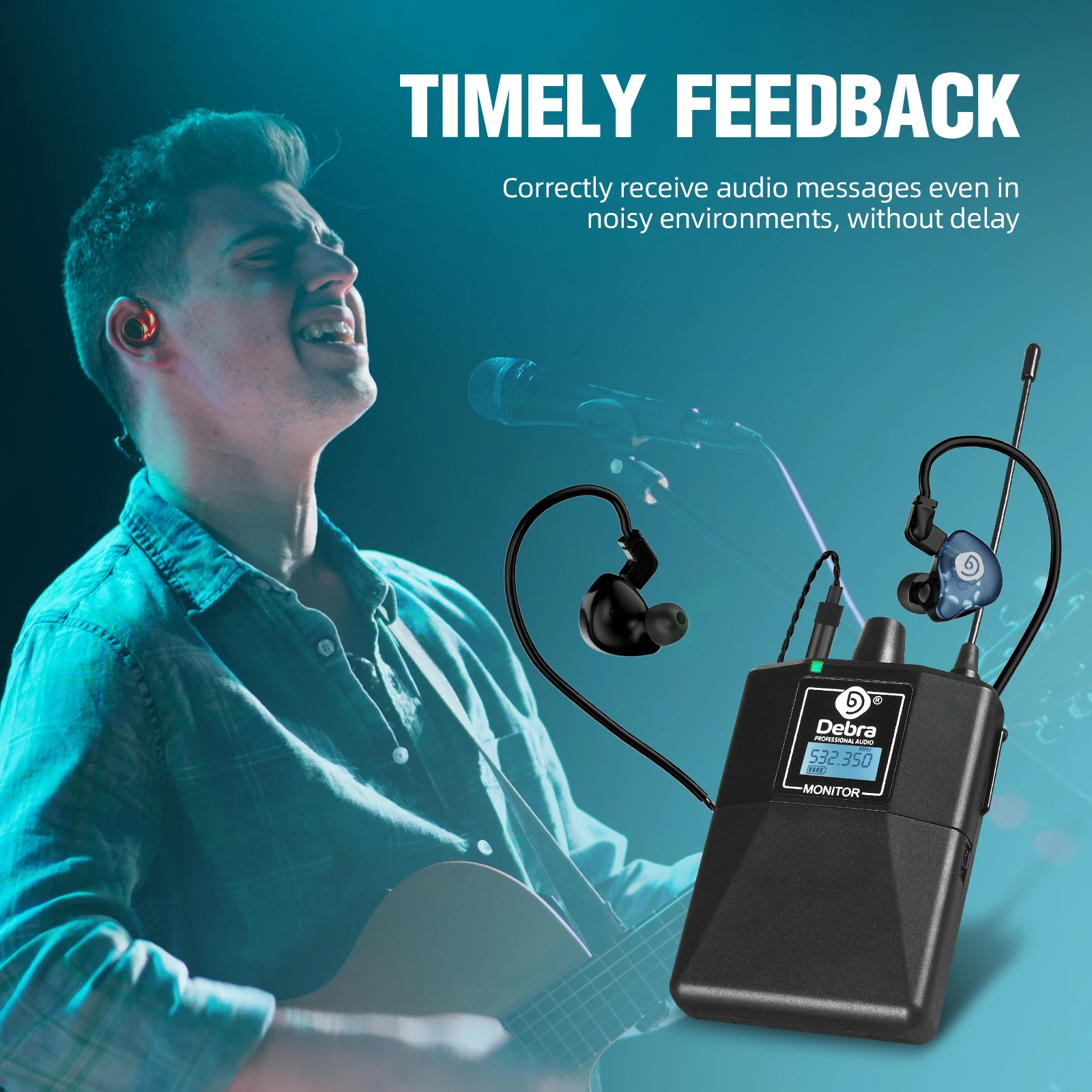 

Беспроводная система мониторинга Debra ER-102 UHF с Bluetooth 5.0 для сценических выступлений, записи, использования в группах, для барабанщиков, для церковных выступлений.