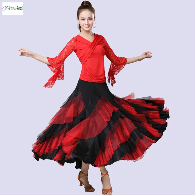 Falda de baile para mujer, disfraz de Flamenco, Vals, baile de salón, faldas en capas, Swing grande, Español