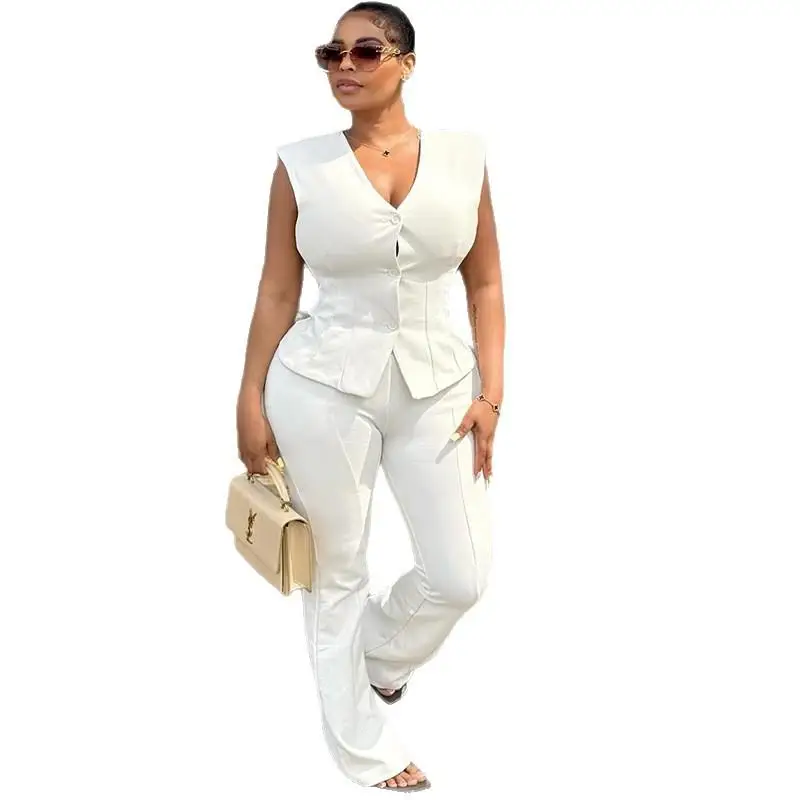 Pure Color Waist-Cinching V-Ne Button-Up Women's Set Casual Sle Mid-Low Waist Umbrella Soldier Pants PVC Fabric PU Material