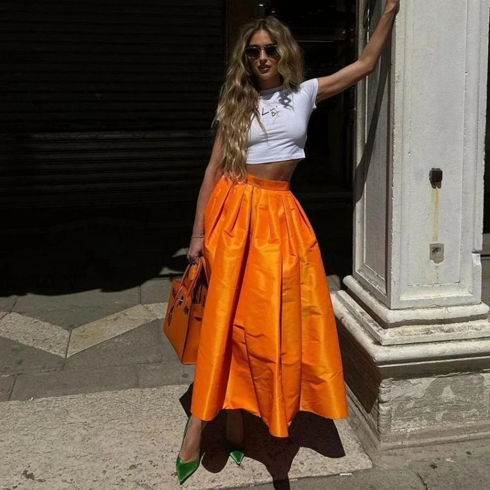 

Fashion Trendy Skirts Women jupe femme Orange Skirt Ankle Length Custom Long A Line Maxi Skirts Draped