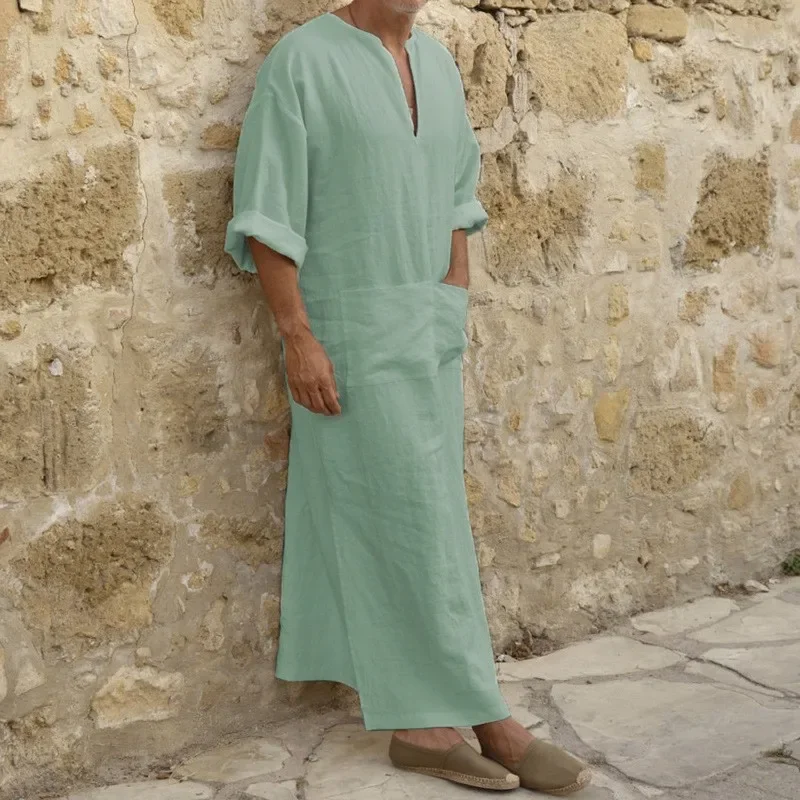 Nowa męska Jubba Thobe Kaftan Muzułmańska Arabska Islamska Dekolt V Krótki Rękaw Jednolita Bawełna Len Szaty Moda Muzułmańska Arabia Mężczyzna abaja