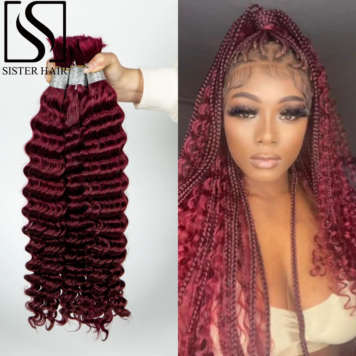 

28 Inch 100% Human Hair Deep Wave Bulk for Black Woman Burgundy No Weft Brazilian Virgin Hair Bundle for Boho Braids Extensions