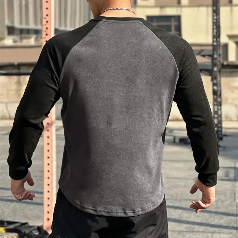 2024 new shoulder-matching color fashion men's long-sleeved T-shirt crewneck top outdoor running sports men's wear