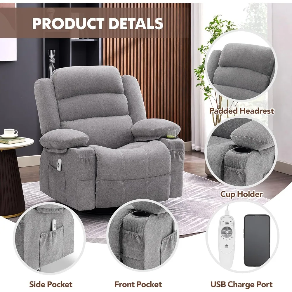 Rocker Recliner Chair with Heat and Massage, 360° Swivel Recliner Chairs for Adults, Oversized Recliner Single Sofa Seat with Cu image 5