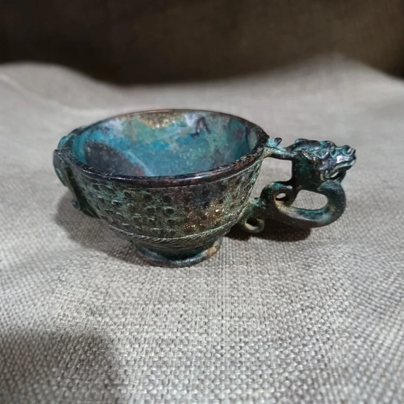 Antique Bronze Incense Burner with Green Embossed Dragon Ears, Office and Home Decorative Craft