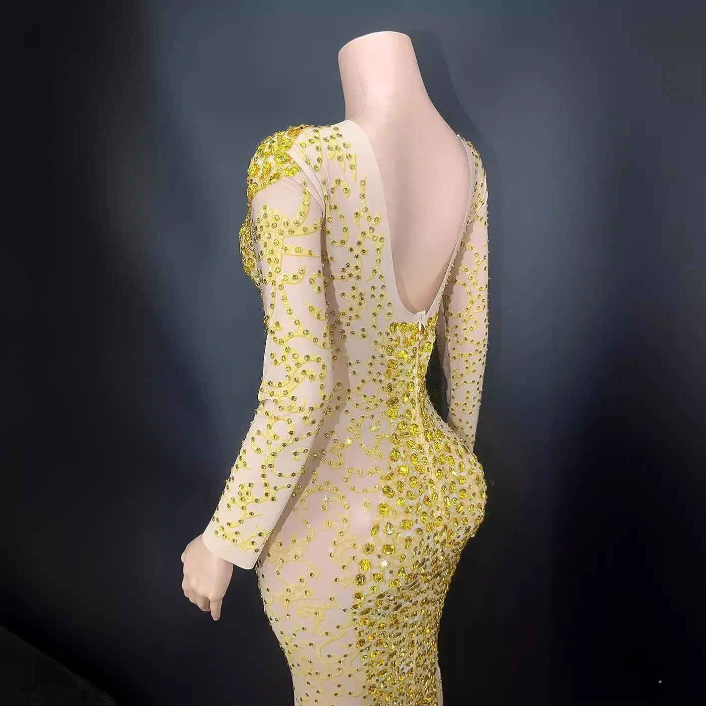 วันเกิดเพชรแขนยาวหรูหราชุด SHINY GOLD PARTY ผู้หญิง Abendkleider Damen Elegant Vestidos De Fiesta Grad