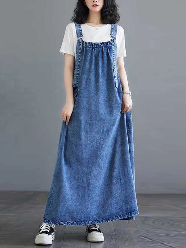 Krisnanas Preppy Style Suspender Dress A-Line Maxi Dresses 2024 Summer Loose Pleated Pockets Split-Joint Spaghetti-Neck Dress