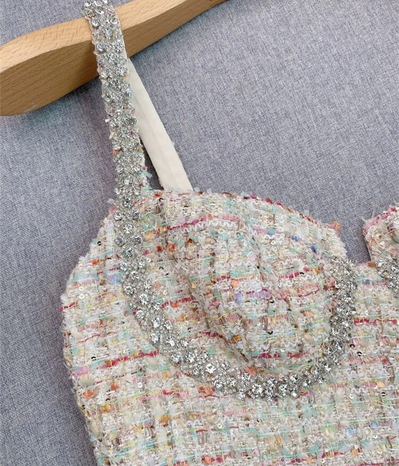 Abito estivo in Tweed autunno di alta qualitร da donna senza maniche con spalline prendisole Wooven Mini abiti corti fantasia