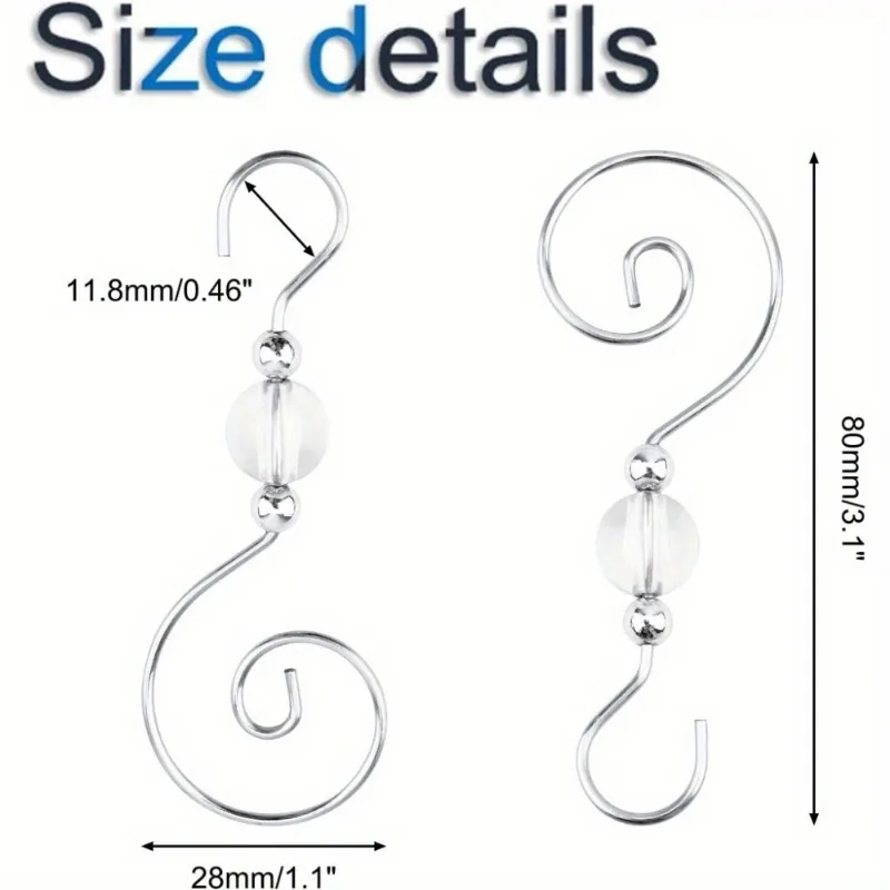 10Pcs S-Shaped Christmas Ornament Hooks with Clear Crystal Beads Shiny Metal Hangers Sturdy Install Decorative Utility Hooks