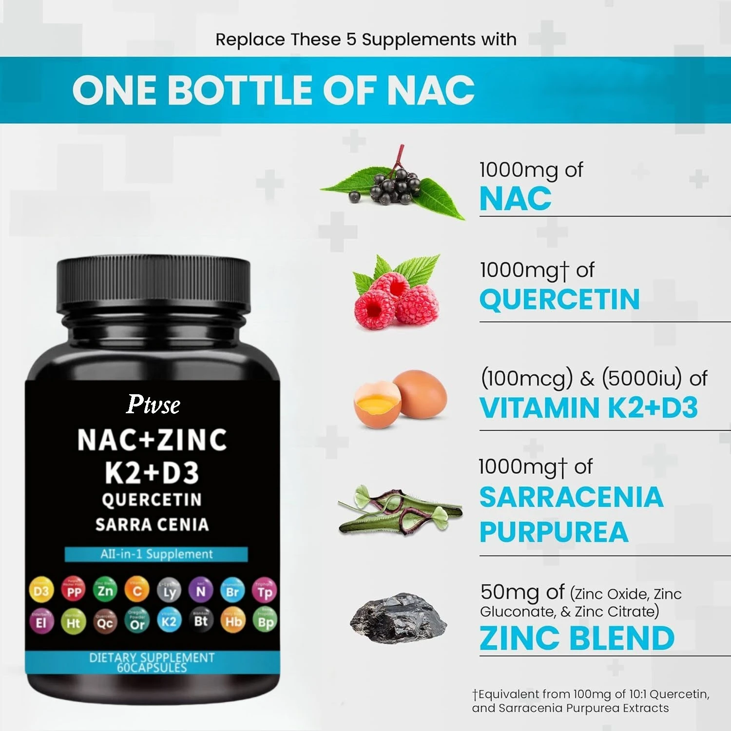 NAC is rich in high-quality N-acetylcysteine NAC 1000mg supplement with added vitamin D3+K2, zinc complex, and quercetin 1000mg