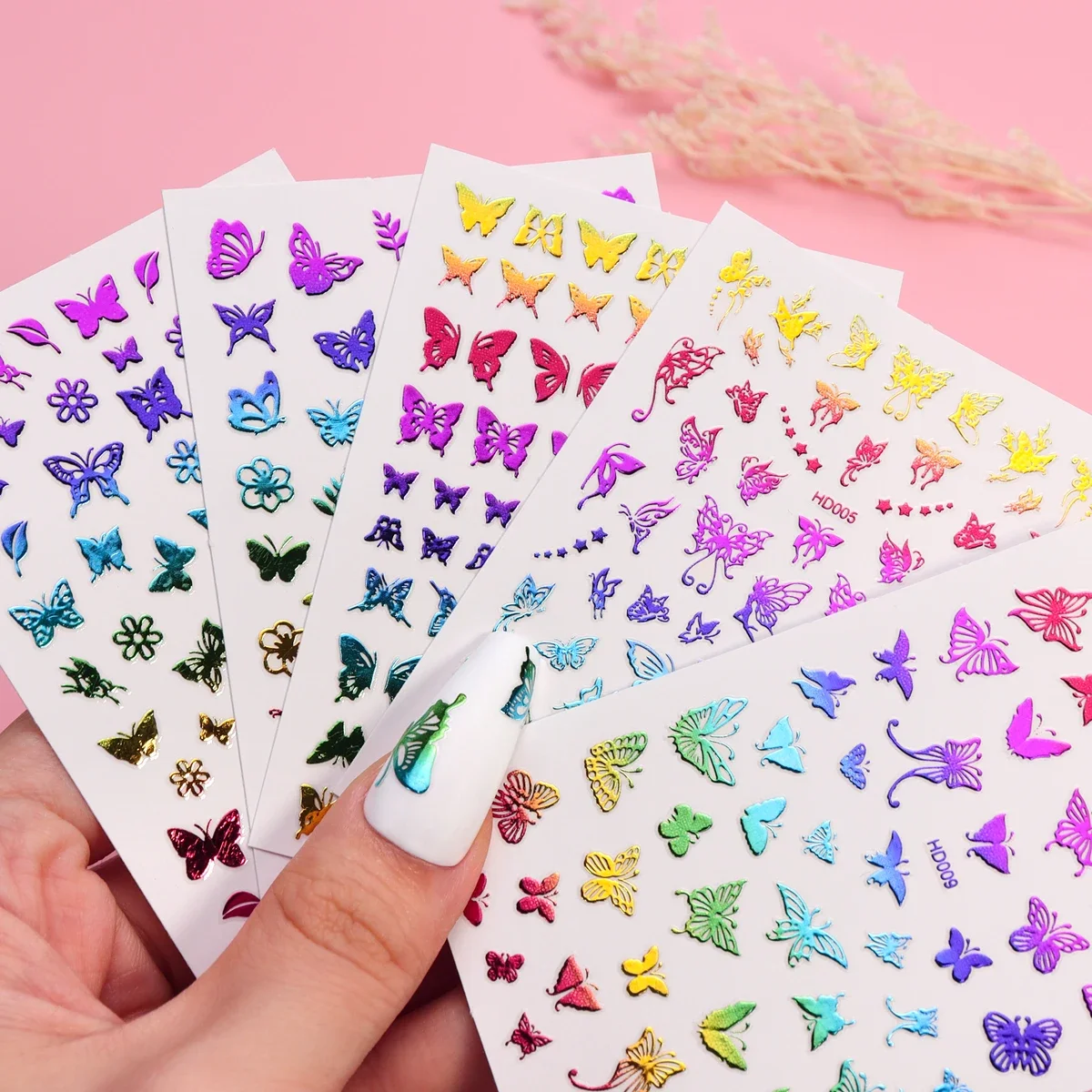 1Set Holographic 3D Butterfly Nail Art Stickers Self-Adhesive Nail Stickers Cartoon Animal Pattern Designs Summer Manicure Decor