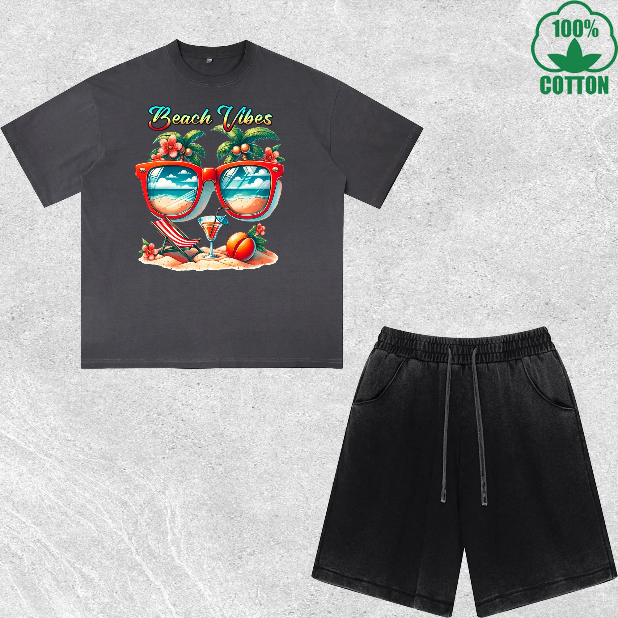 

Summer Beach Vibes Printed Dirty Wash T-Shirt Shorts Set Multicolor Combo Loose Trendy Fashionable 100%Cotton