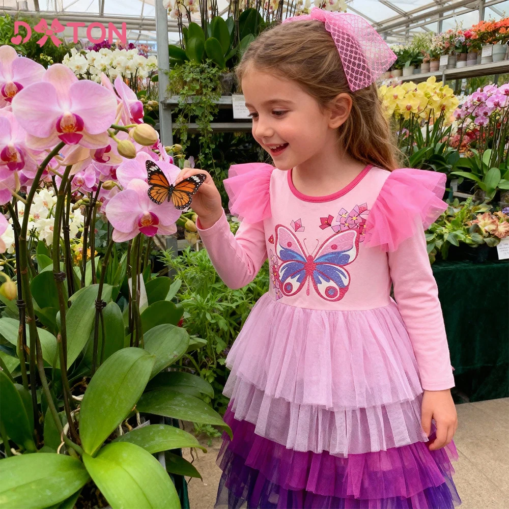 

DXTON Flare Sleeve Princess Girls Dresses Butterfly Children's Birthday Party Clothing Vacation Kids Wear Toddler Cotton Dress