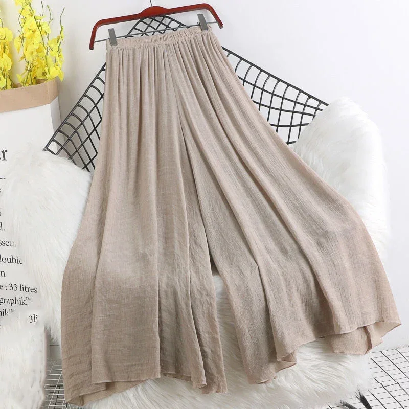 

Solid Cotton Pants for Women 2024 New Solid Color Elastic Waist Casual Wide Leg Trousers Vintage Loose Summer Pants P310