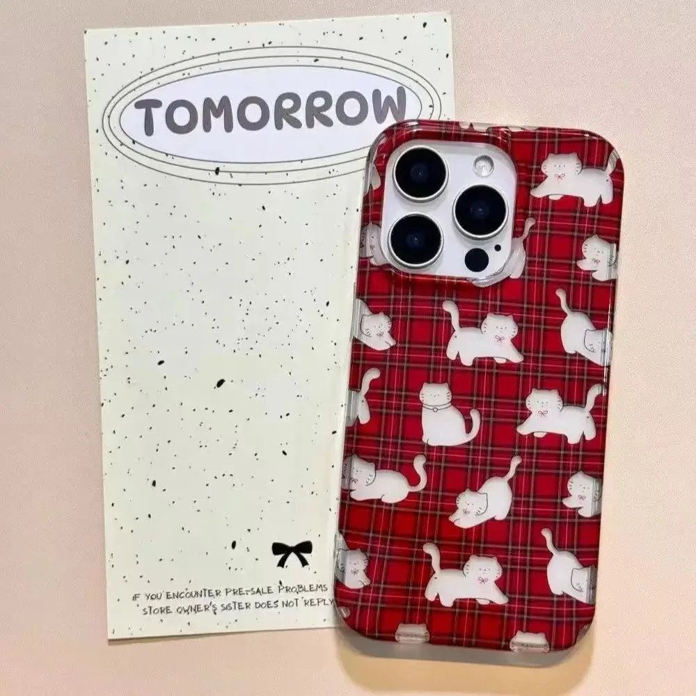 

INS Korean Retro Red Checkered Cat pattern Phone Case For iPhone 11 12 13 14 15 16 17 Pro Max Plus Cute cartoon kitten Cover﻿﻿﻿﻿